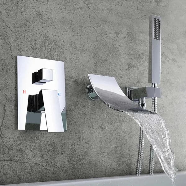 Waterfall Spout Wall-Mount Tub Filler Faucet Single Handle and Handshower Chrome
