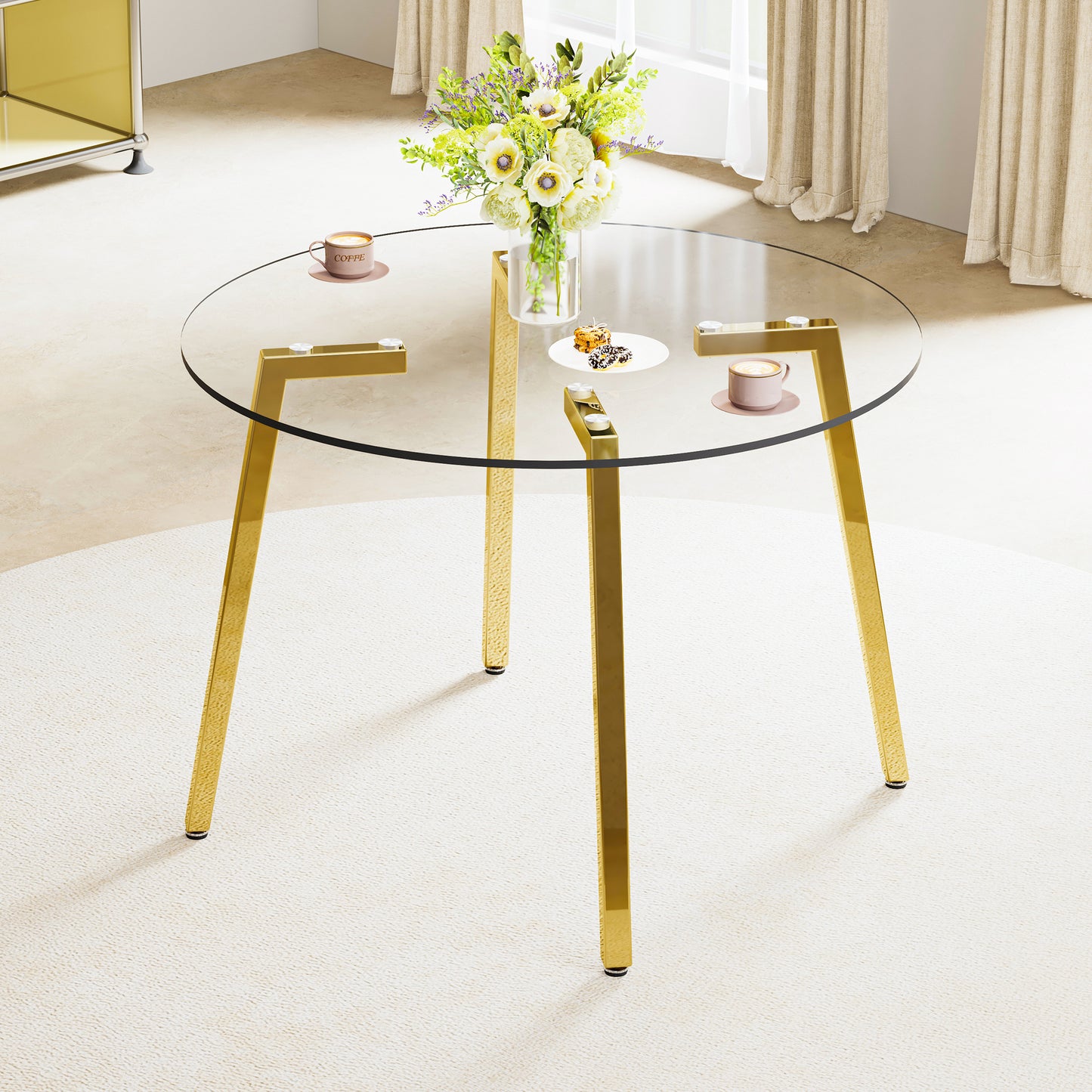 Modern Minimalist Circular Tempered Glass Table with Golden Metal Legs - Perfect for Kitchen, Dining Room