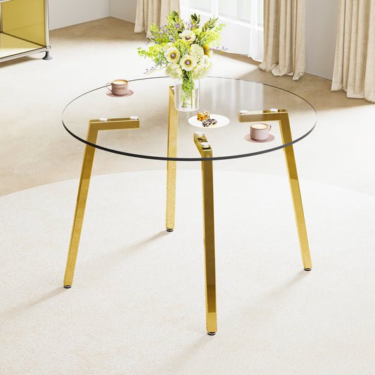 Modern Minimalist Circular Tempered Glass Table with Golden Metal Legs - Perfect for Kitchen, Dining Room