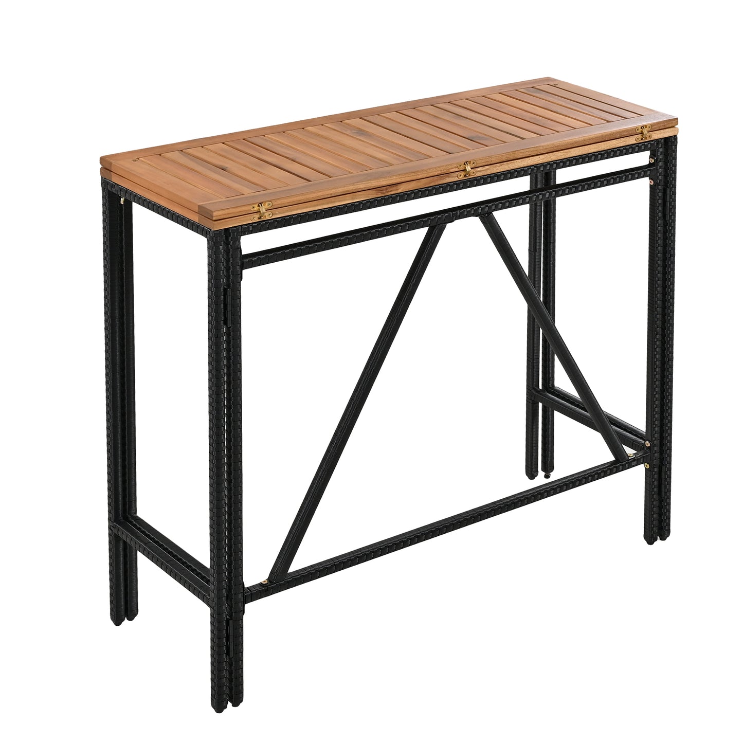 GO Table de bar d'extérieur en bois d'acacia 10 pièces et huit tabourets avec coussins, table de salle à manger de jardin en rotin PE, plateau pliable, ensemble bistro de salle à manger haute, meubles de patio toutes saisons, marron