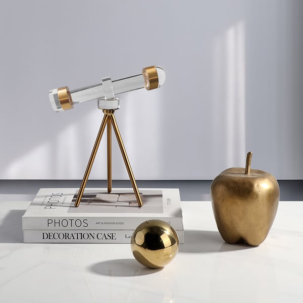 Modern Crystal Telescope Sculpture Ornament Art Decor with Gold Metal Tripod Stand