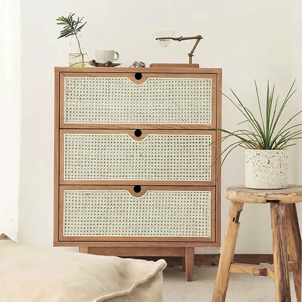 Mid Century Modern Natural 3 Drawers Chest Rattan Woven in Small