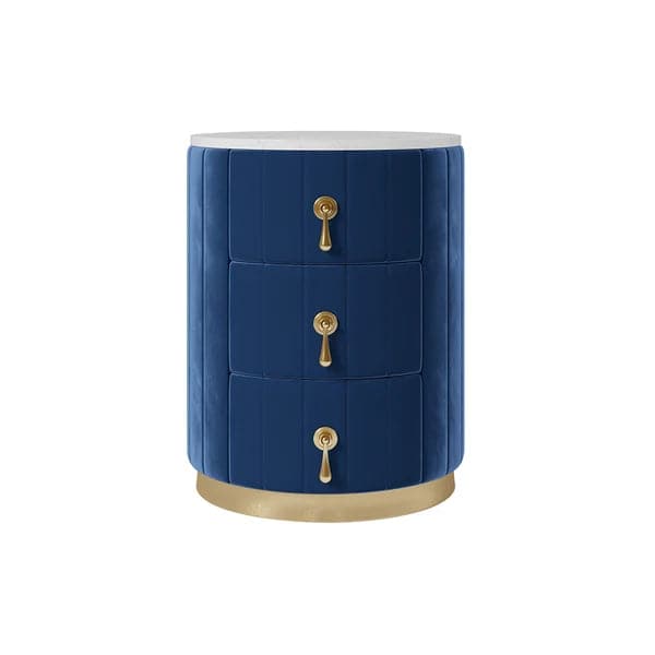 Blue Velvet Nightstand with Storage Sintered Stone Top Round Nightstand with 3 Drawers