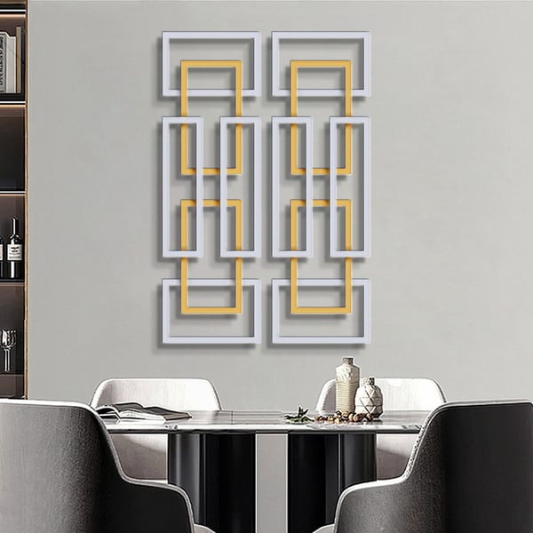 2 Pieces Big Metal Wall Decor Set Modern Gold & Silver Rectangle Art Living Room Bedroom