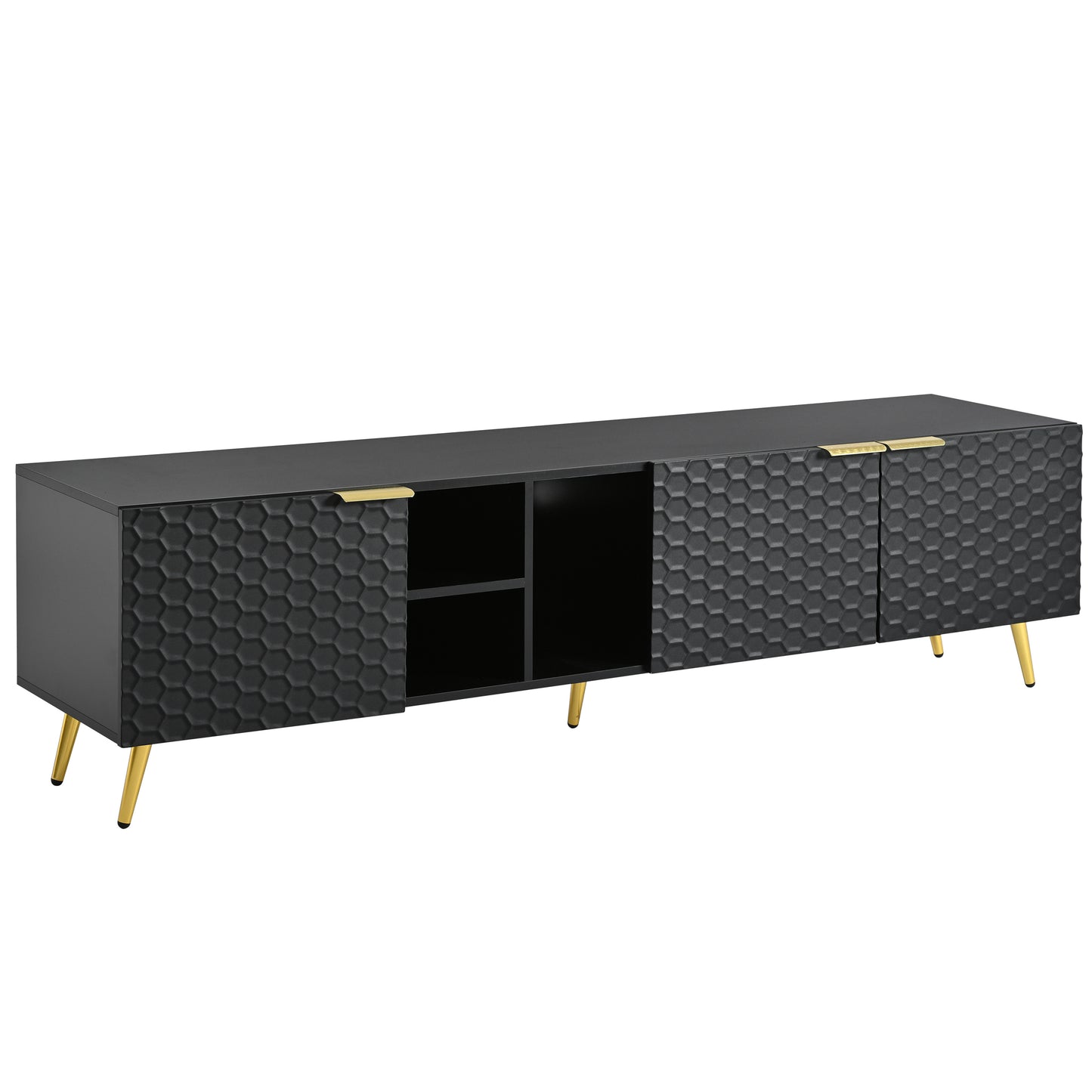 ON-TREND Modern Minimalist Geometric TV Cabinet with Metal Handles and Gold Legs for TVs Up to 80'', Multi-functional TV Stand with Storage Cabinets, Entertainment Center for Living Room, Black