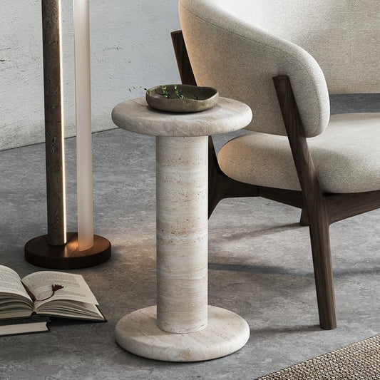 Beige Round Travertine Side Table 12.6" Modern End Table