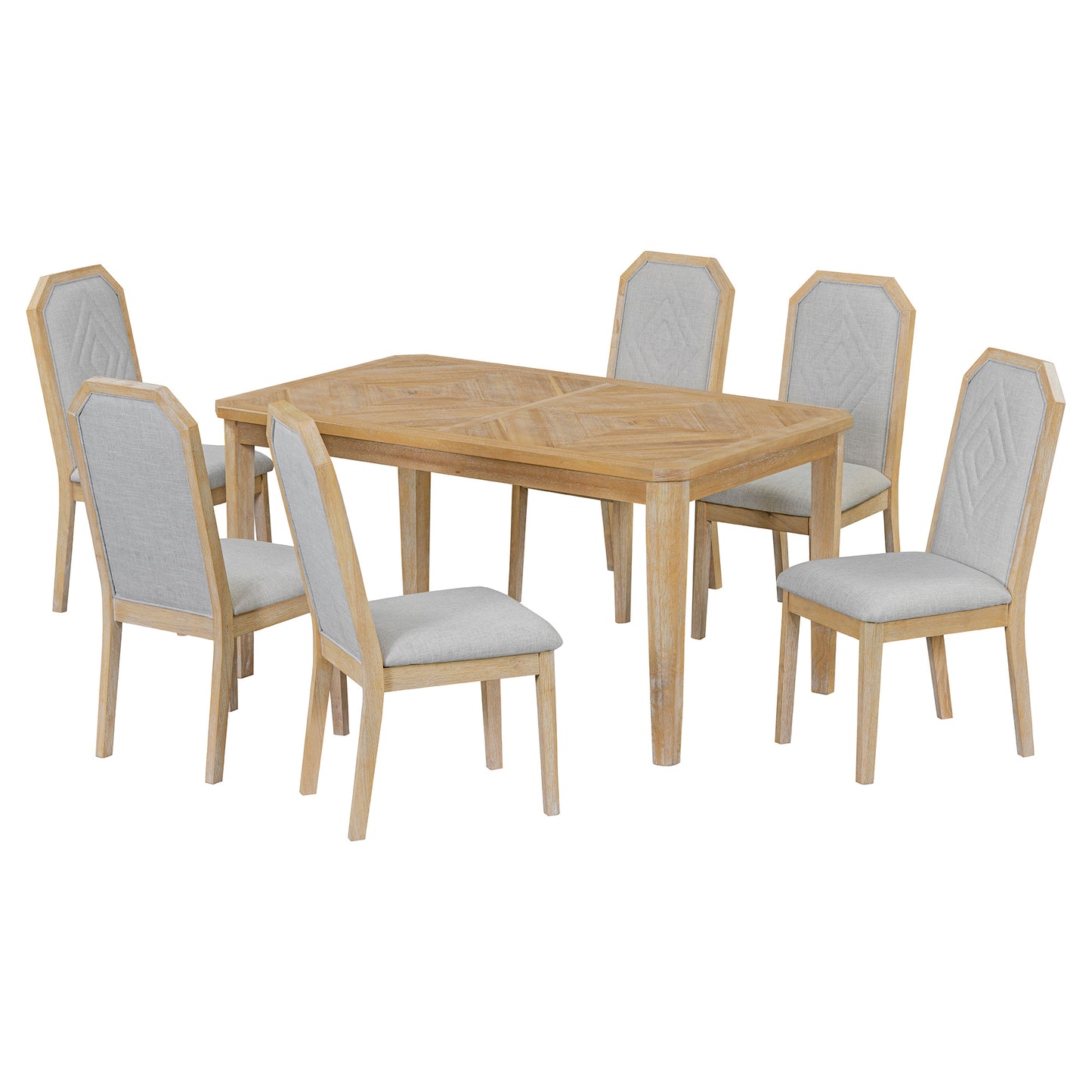 TREXM 7-Piece Farmhouse Dining Set Classic Rustic Table and 6 high-back design Chairs for Dining Room, Kitchen (Natural Wood Wash)