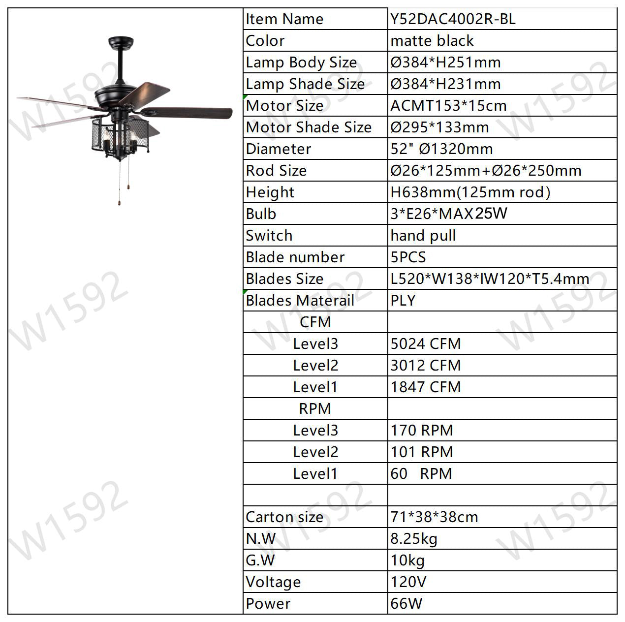 Farmhouse Ceiling Fan 52" with Dual Finish Blades - Matte Black, Hand Pull Chain for Indoor Use