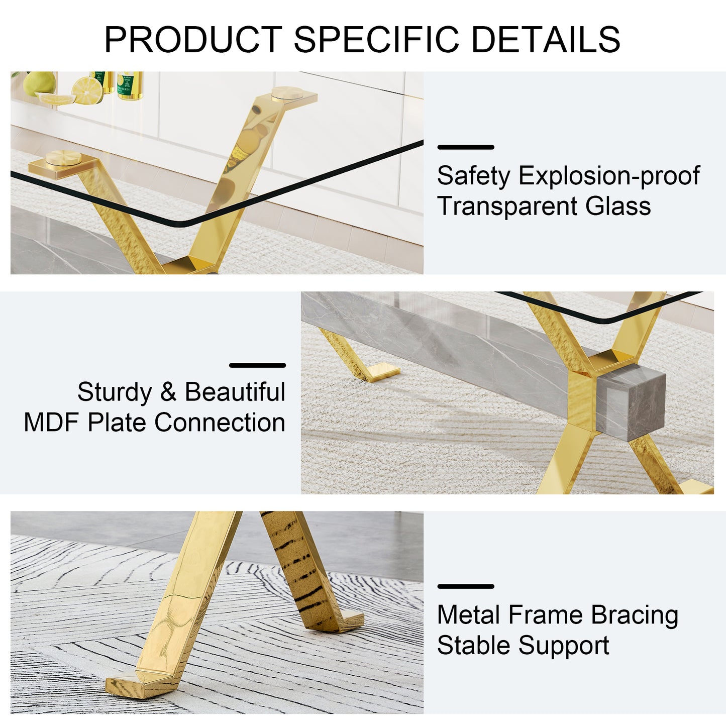 Dining table. Modern tempered glass dining table. Large modern office desk with gold plated metal legs and MDF crossbars, suitable for both home and office use. Kitchen. 79 ''x39''x30 '' 1105