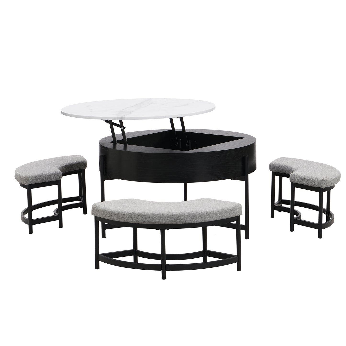 Modern Round Lift-Top Coffee Table with Storage & 3 Ottoman White & Black