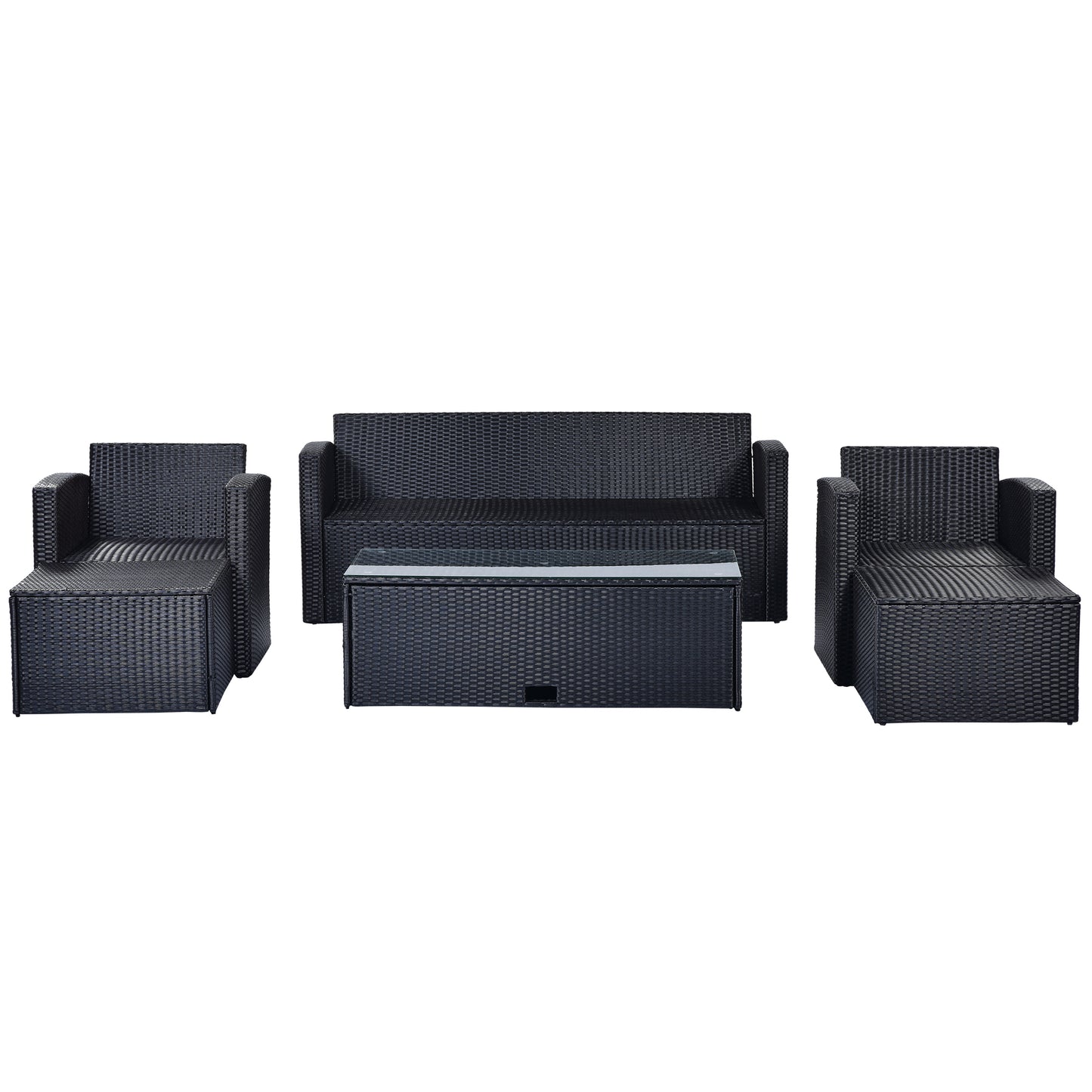 GO Ensemble sectionnel de conversation en osier PE 6 pièces résistant aux intempéries pour patio, salle à manger en plein air, avec table basse, canapés en osier, poufs et coussins amovibles (osier noir, coussin beige)