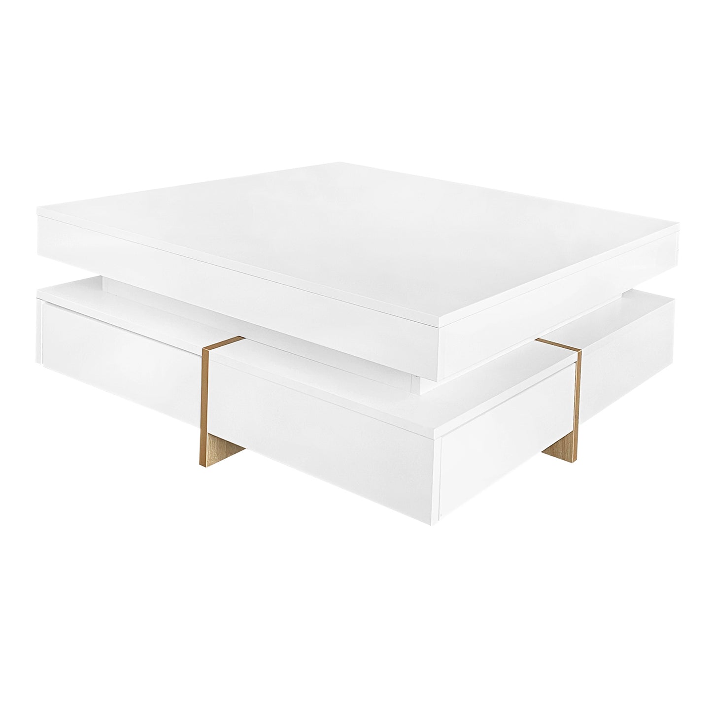 ON-TREND Modern High Gloss Coffee Table with 4 Drawers, Multi-Storage Square Cocktail Tea Table with Wood Grain Legs, Center Table for Living Room, 31.5''x31.5'', White