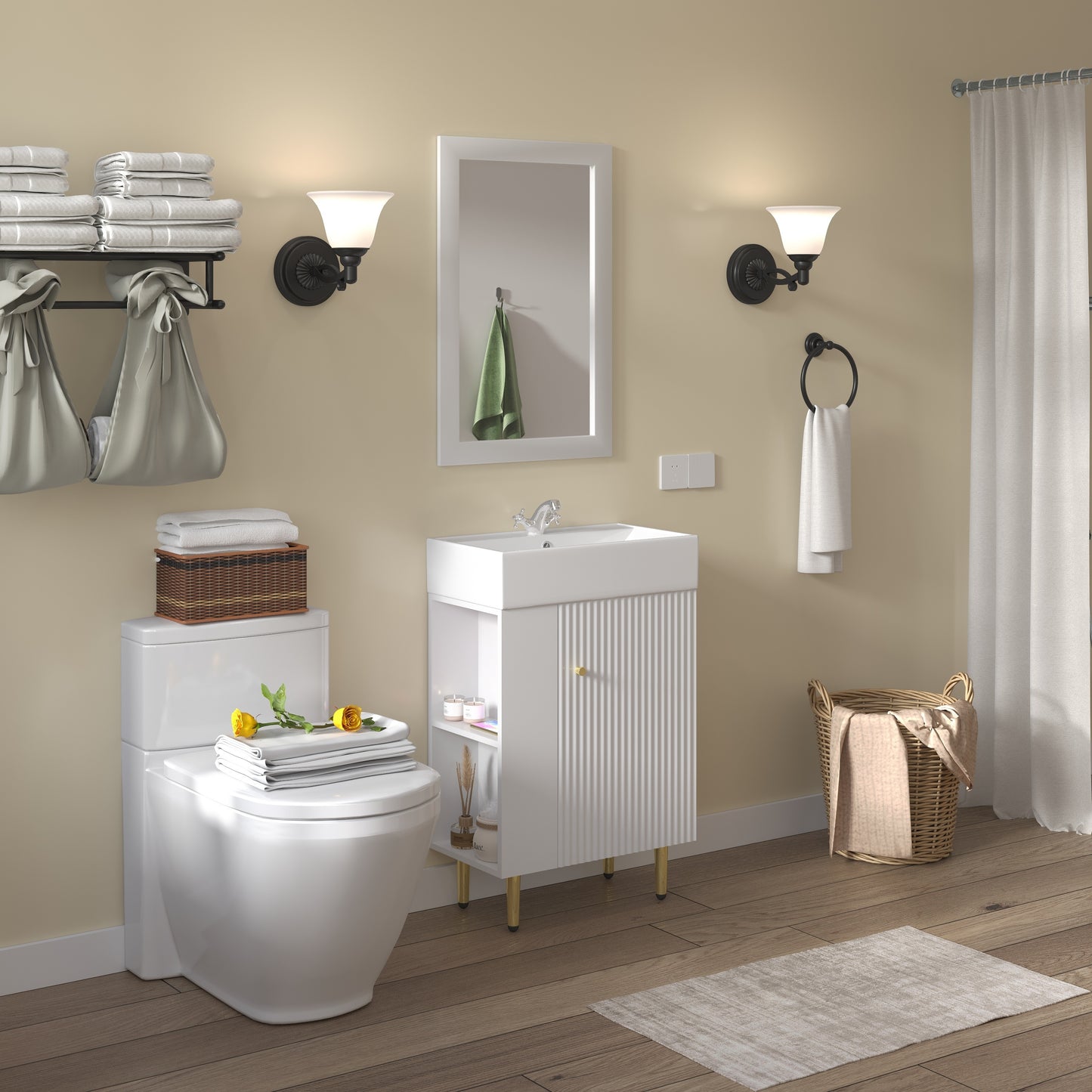 Meuble de salle de bain à étagères ouvertes de 21,6 po avec évier en céramique, armoire de rangement à étagère ouverte pour vestiaire, comptoir en céramique blanche avec porte à fermeture douce sur le côté droit, 23VB06-21WHR