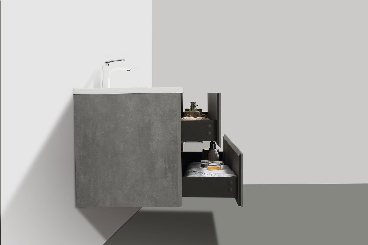 Meuble-lavabo simple mural 36 po en gris cendré avec dessus de meuble-lavabo blanc à surface solide