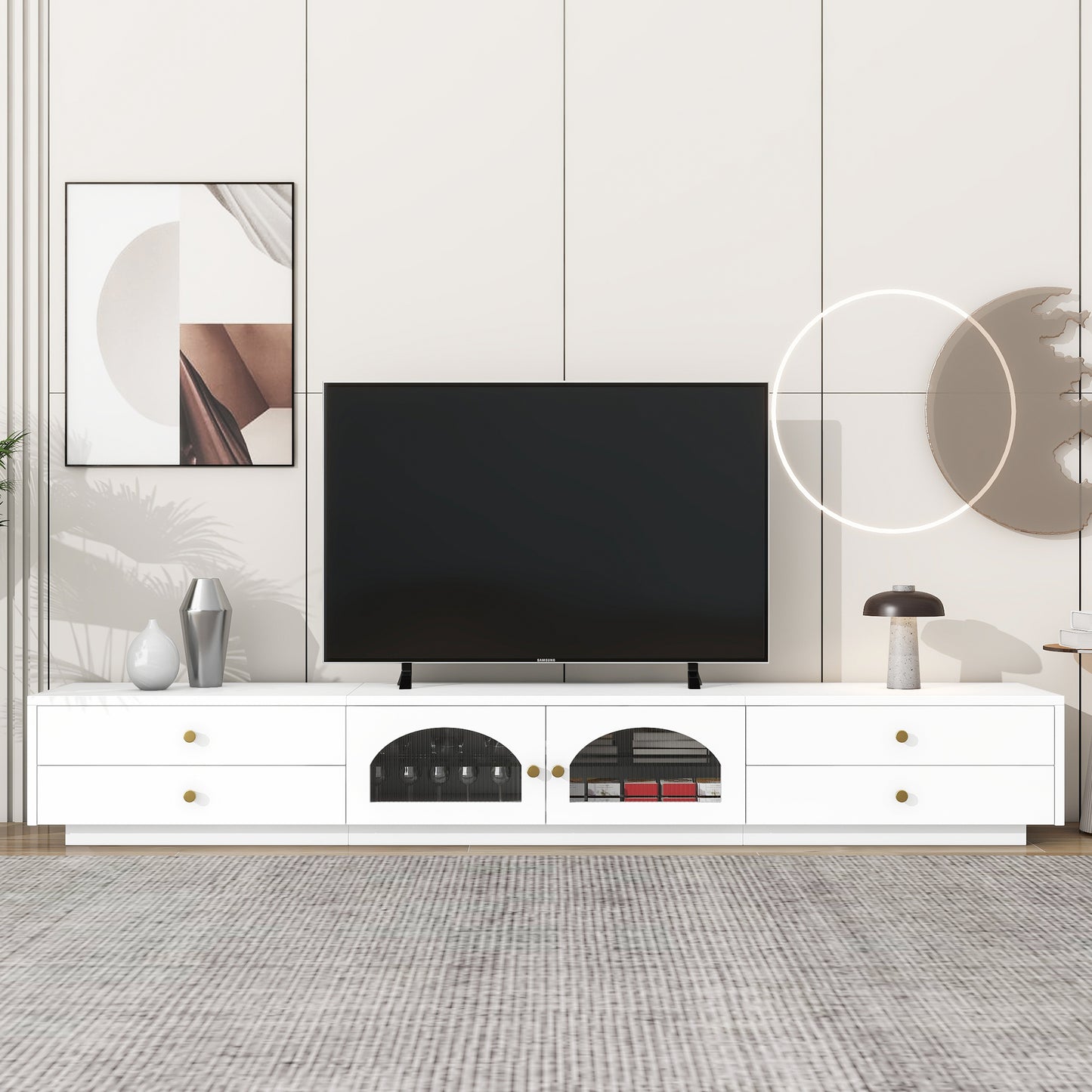 ON-TREND Meuble TV luxueux avec portes en verre cannelé, console multimédia élégante et fonctionnelle pour téléviseurs jusqu'à 95", meuble TV avec étagère en verre trempé avec plusieurs options de rangement, blanc