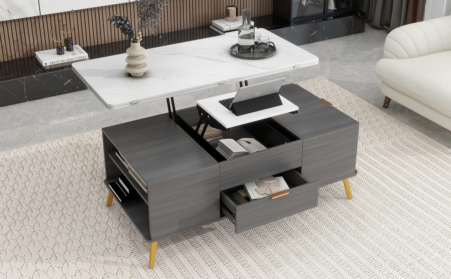 Modern Lift Top Coffee Table Multi Functional Table with Drawers in Gray & White