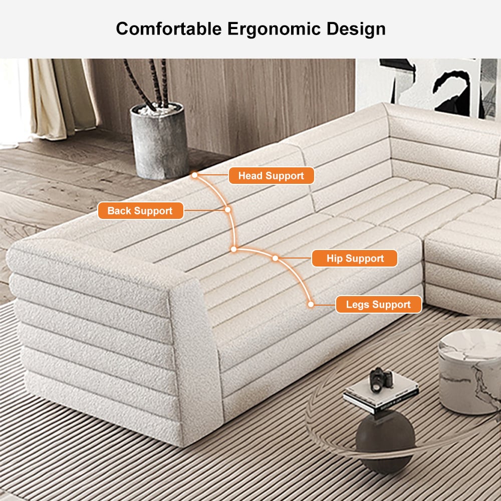 126 Inches U-Shaped Modern Off White Boucle Modular Sectional Sofa for 8 Seaters