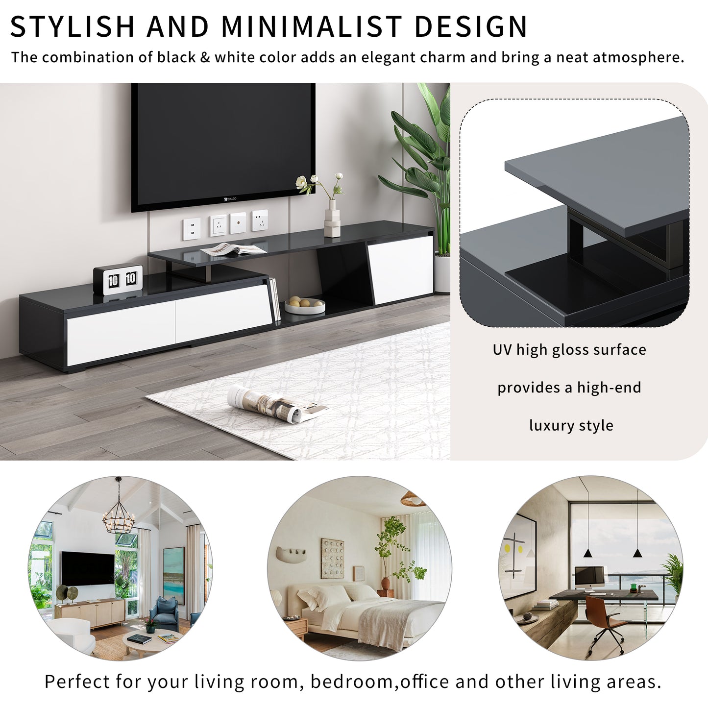 U-Can Modern, Minimalist Rectangle Extendable TV Stand, TV Cabinet with 2 Drawers and 1 Cabinet for Living Room, Up to 100''