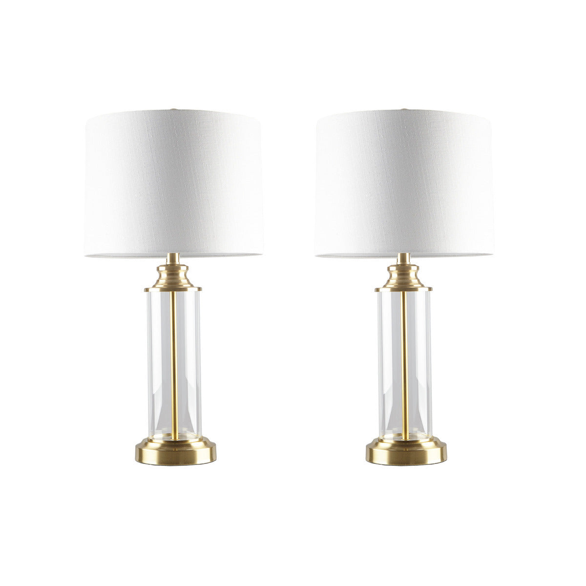 Clarity Glass Cylinder Table Lamps – Elegant Gold Finish with Off-White Drum Shades Set of 2 for Living Room and Bedroom Decor