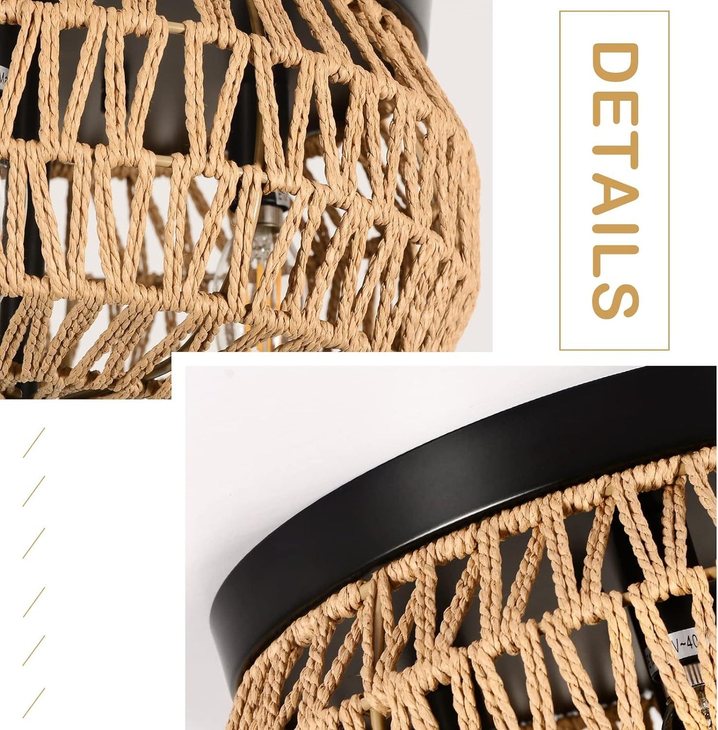 3-Lights Woven Rattan Flush Mount Ceiling Light Fixture with Hand-Worked Cage Shade for Bedroom, Kitchen, Foyer, Porch