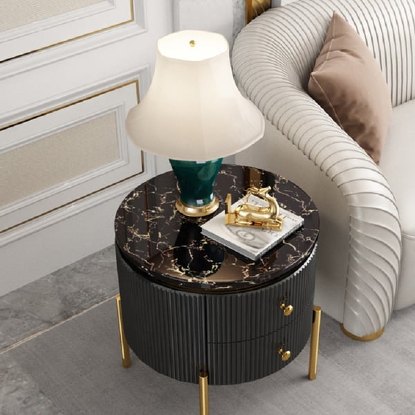 Modern Round End Table With Storage Black Faux Marble Side Table Gold Legs