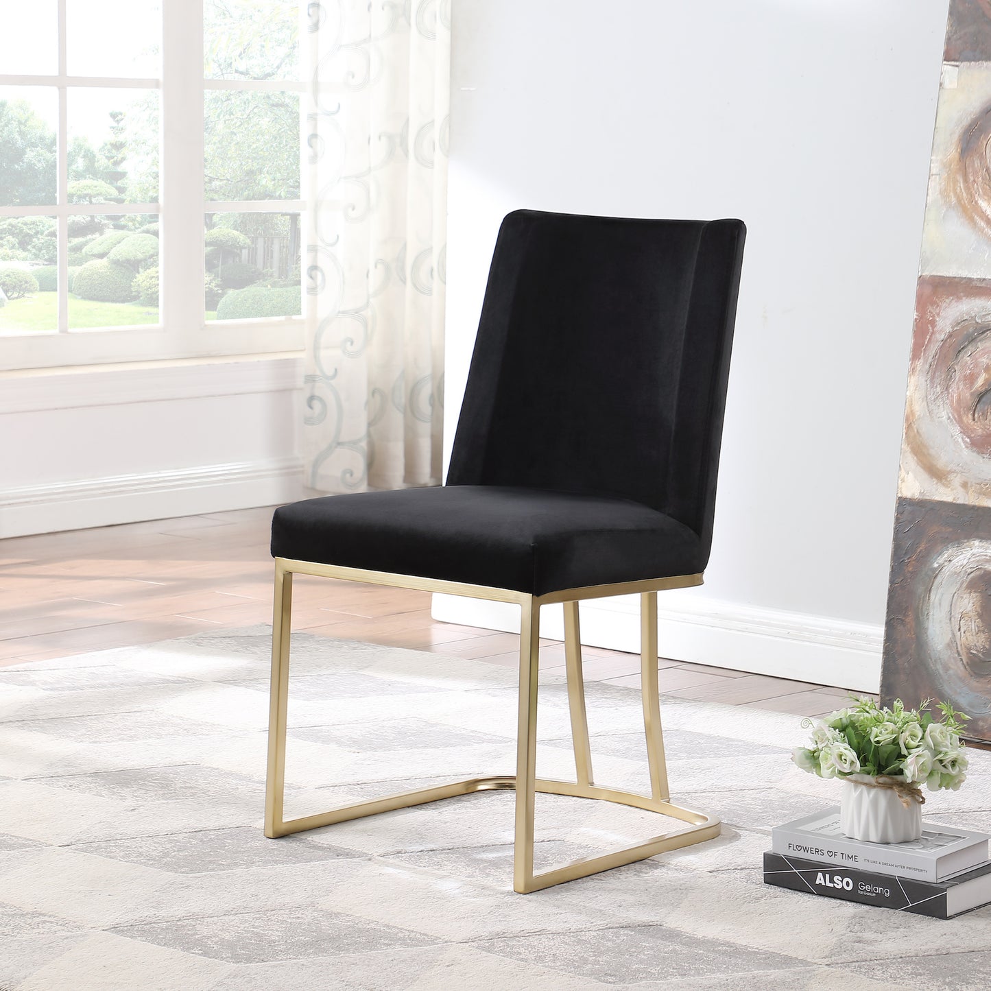 Velvet Upholstered Dining Chairs with Gold Metal Legs - Black Side Chairs (Set of 2)