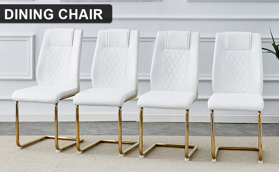 Elegant Golden Leg Cushioned Artificial Leather Dining Chairs Set of 4 (White + PU)