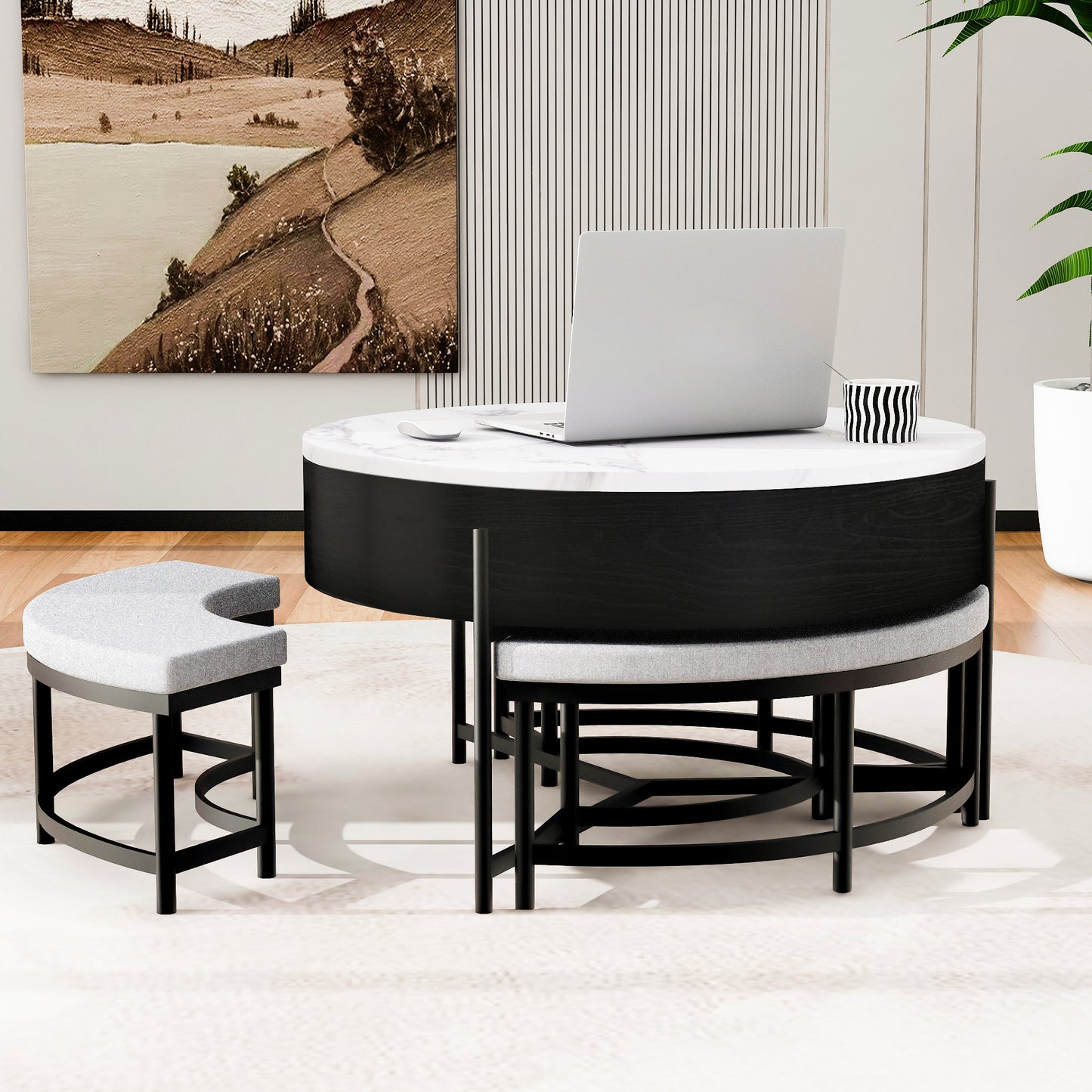 Modern Round Lift-Top Coffee Table with Storage & 3 Ottoman White & Black