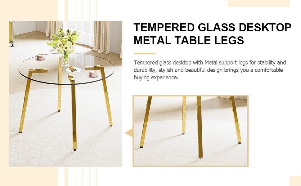 Modern Minimalist Circular Tempered Glass Table with Golden Metal Legs - Perfect for Kitchen, Dining Room