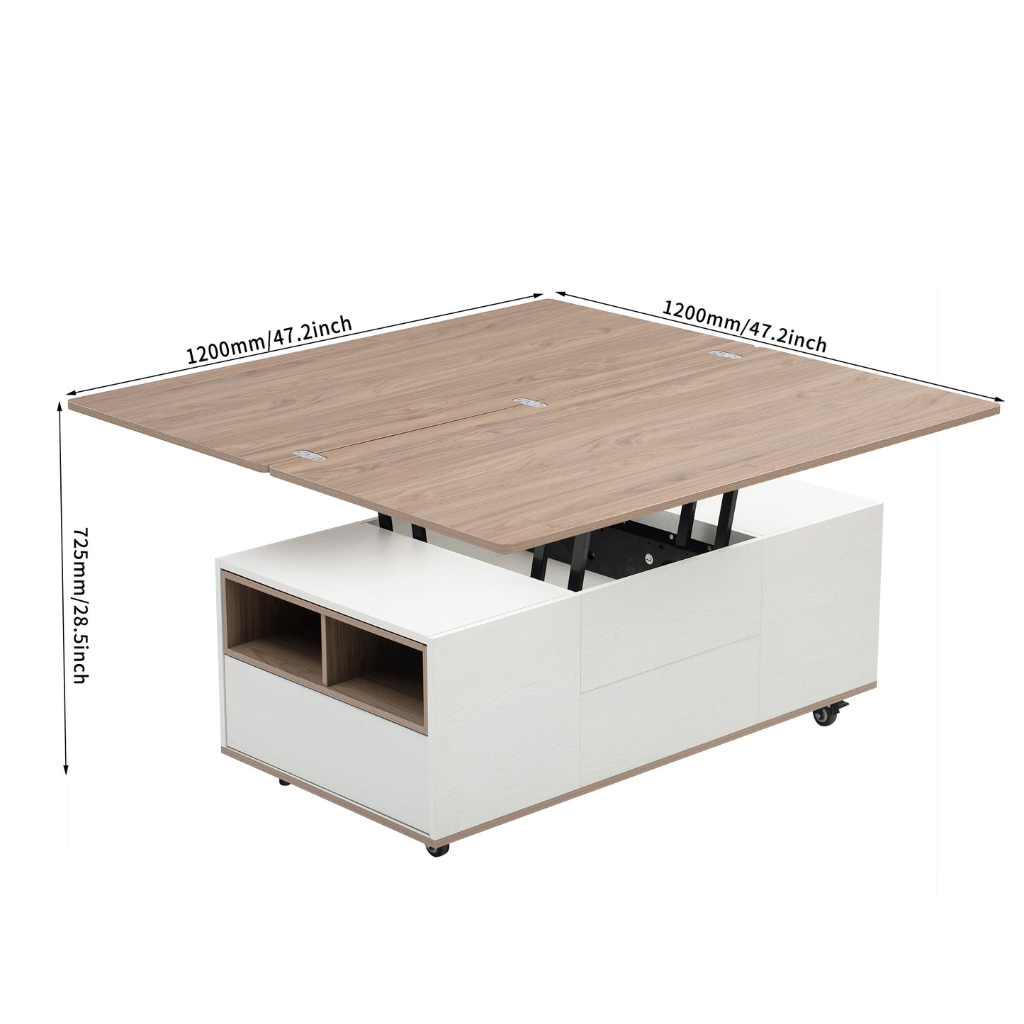 Modern Walnut & White Lift Top Coffee Table Multifunctional Table with Drawers & Shelves