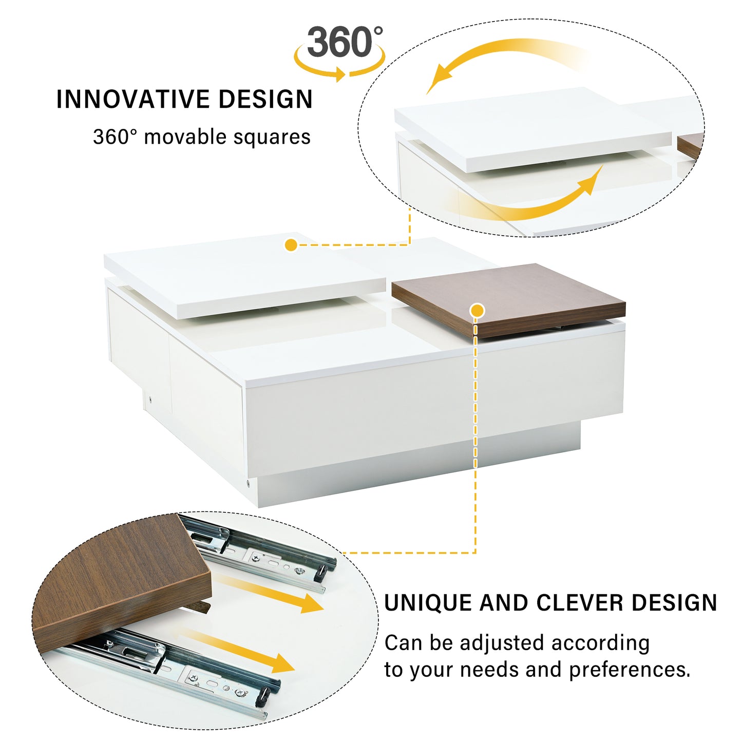 U-Can Movable Top Coffee Table, Modern Square Wood Coffee Table with High Gloss finish, 4 Hidden Storage Drawers for Living Room