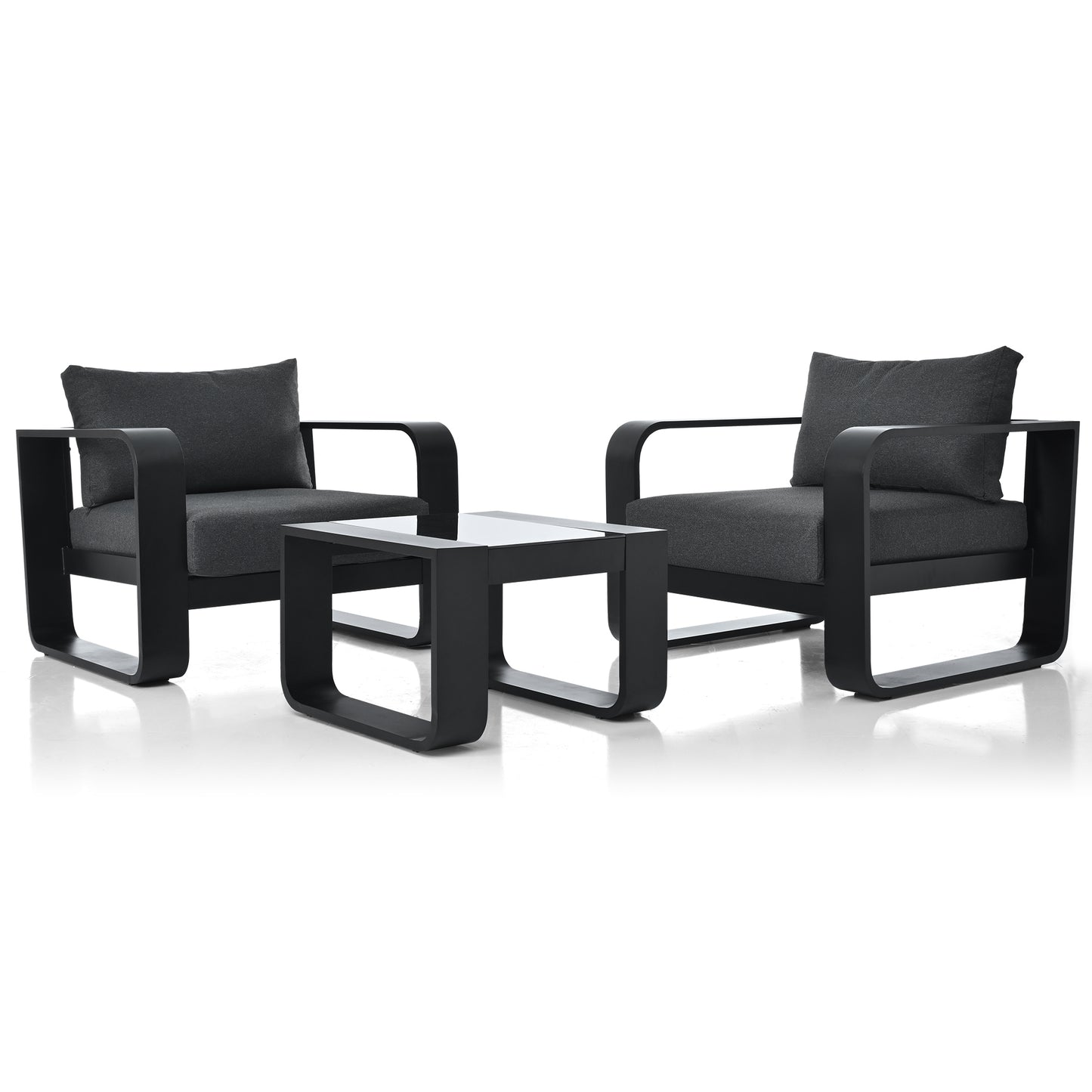 GO Meubles de patio à cadre en aluminium 3 pièces avec coussin de 6,7 po d'épaisseur et table basse, chaise d'extérieur en tissu oléfine tous temps, gris et noir