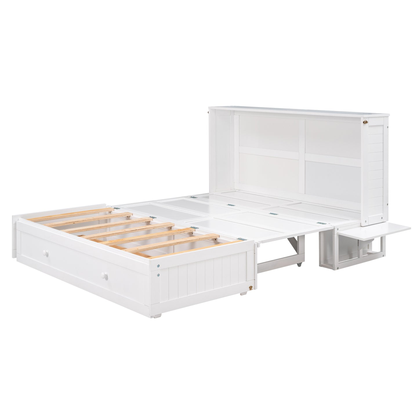 Lit escamotable mobile Queen Size avec tiroir et petites étagères de chaque côté, blanc