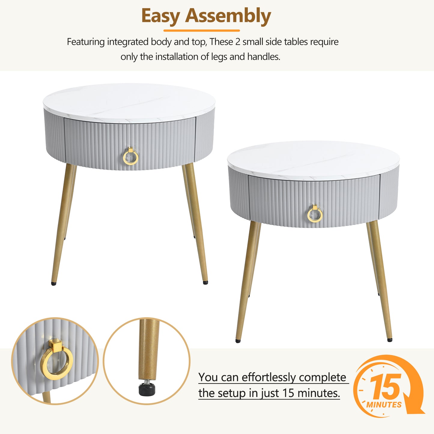 ON-TREND Φ19.6'' Easy Assembly End Tables with High Gloss Faux Marble Tabletops, Set of 2, Modern Fluted 2 Side Tables with Drawers, Round Coffee Tables with Golden Legs for Living Room, Grey