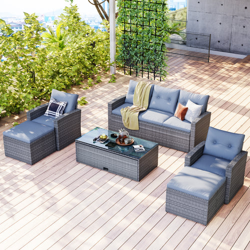 GO 6-piece All-Weather Wicker PE rattan Patio Outdoor Dining Conversation Sectional Set with coffee table, wicker sofas, ottomans,  removable cushions (Dark grey wicker, Light grey cushion)