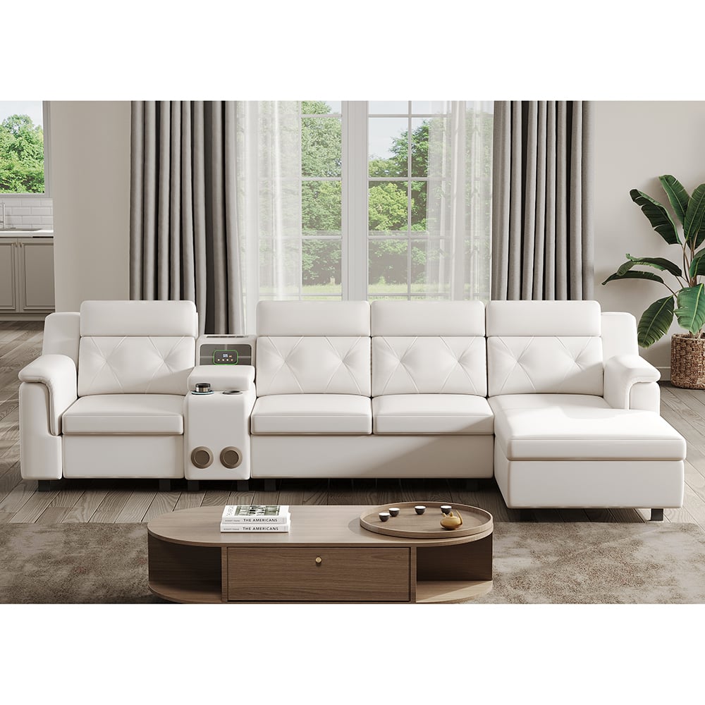 134.6" White Power Reclining Sectional Sofa Pull Out Bed Cup Holder & Speaker & Storage