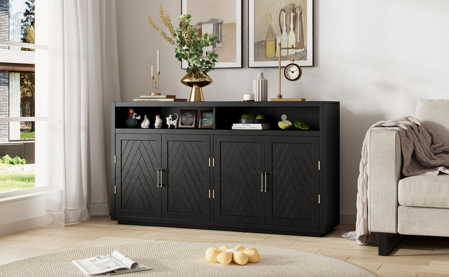 TREXM 4-door Classic Sideboard with Open Storage and Adjustable Shelves Perfect for kitchens,  living rooms (Black)