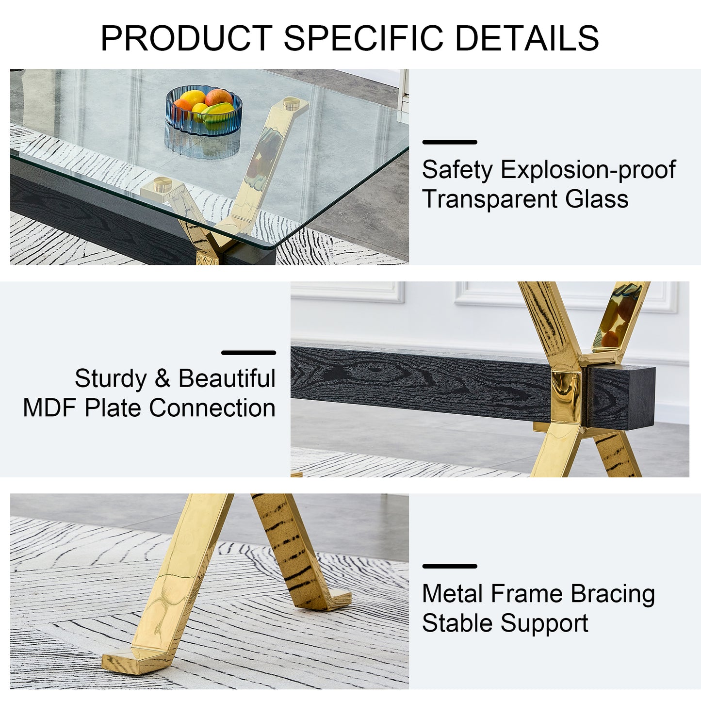 Dining table. Modern tempered glass dining table. Large modern office desk with gold metal legs and MDF crossbars, suitable for home and office use. Kitchen .71 ''x35.4''x30 '' 1105