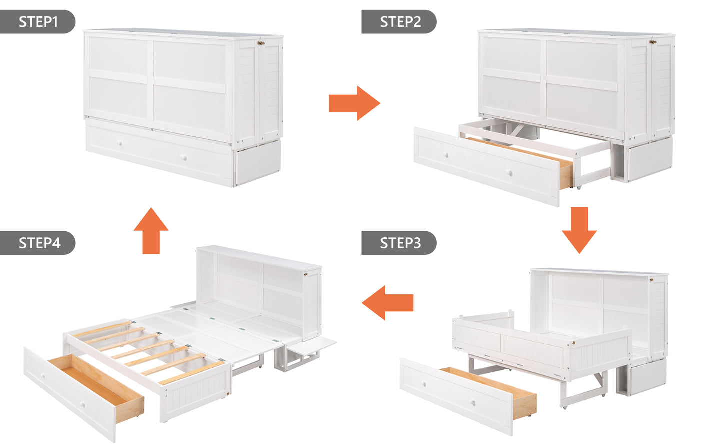 Lit escamotable mobile Queen Size avec tiroir et petites étagères de chaque côté, blanc