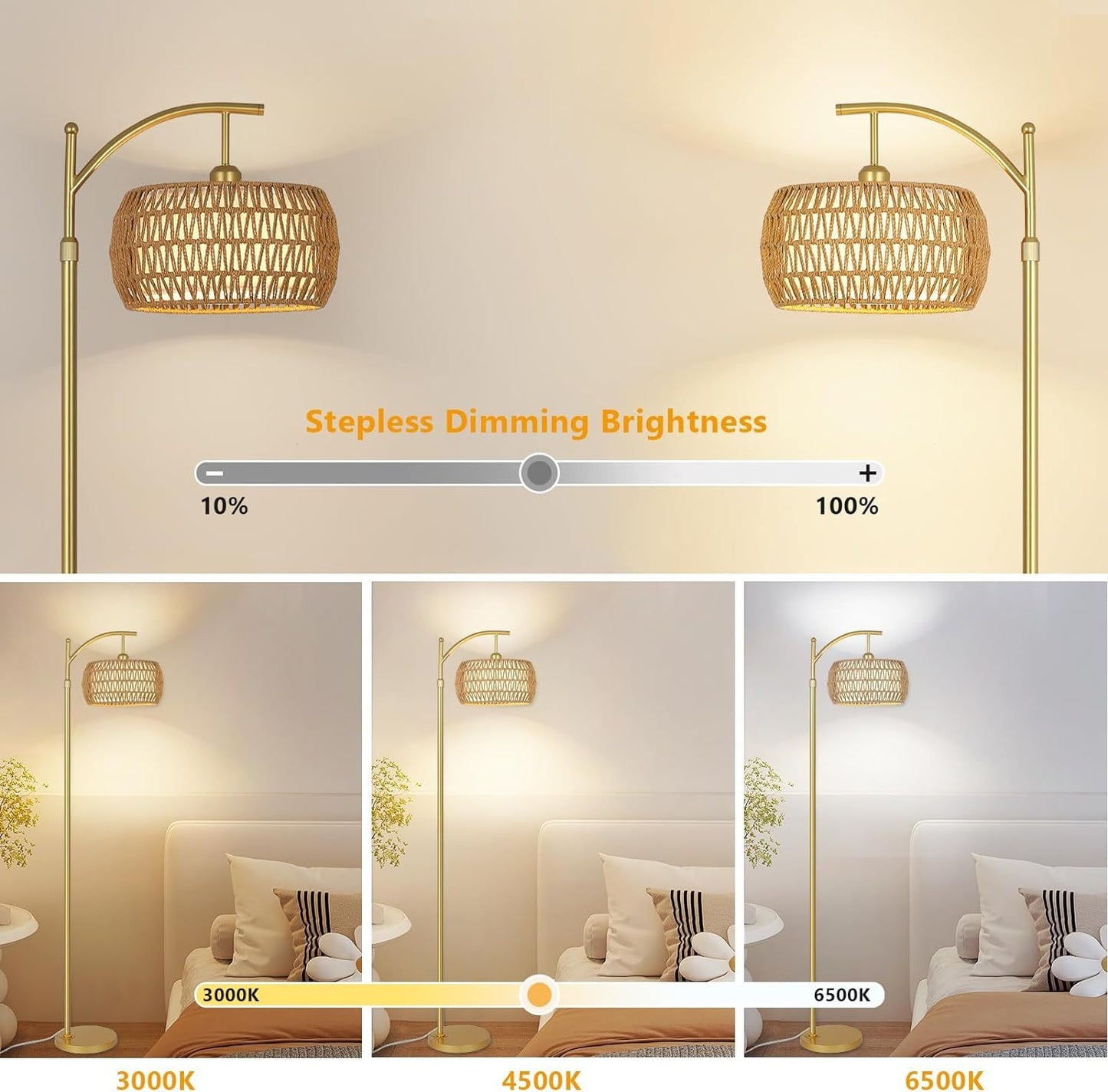 Arc Floor Lamp with 3 Color Temperatures & Remote - Boho Gold LED Standing Lamp with Rattan & Fabric Shades