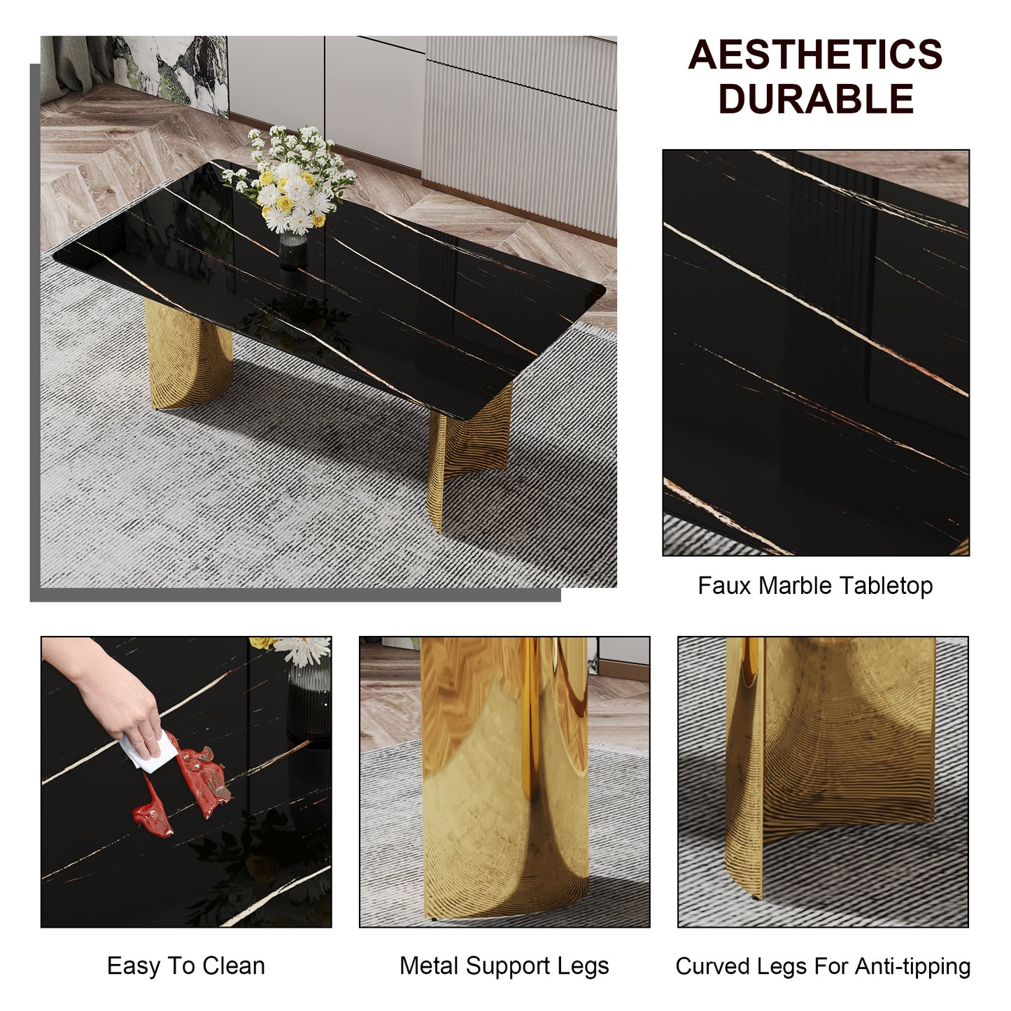 Modern minimalist dining table. The black patterned glass desktop is equipped with golden metal legs. Suitable for restaurants and living rooms  71" *39.3" *29.5"  DT-69