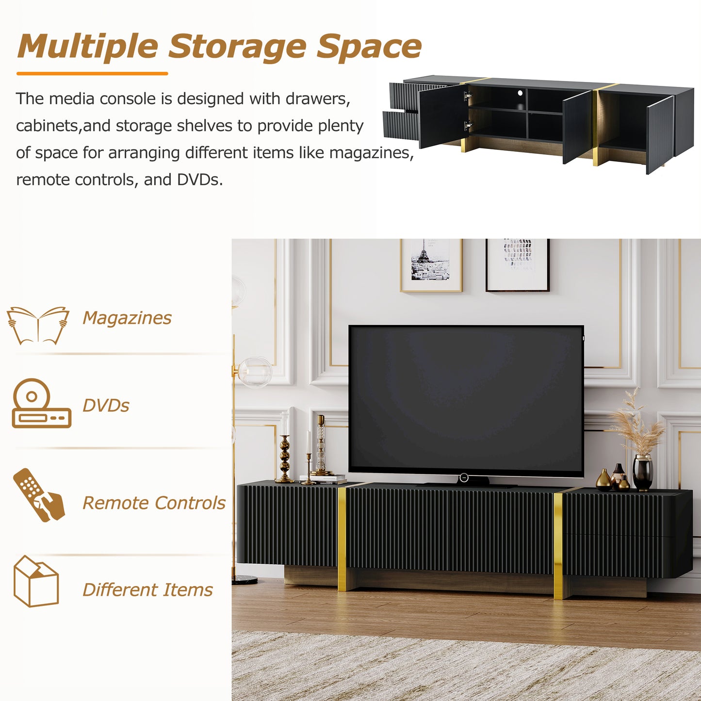 ON-TREND Luxury Fluted TV Stand for TVs Up to 80'', Modern Entertainment Center with Storage Cabinets & Drawers, Smooth Media Console with Golden Wood Grain Legs for Living Room, Black