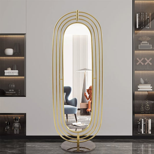 66.9" Oversized Oval Full Length Standing Floor Mirror Decor in Gold with Marble Base