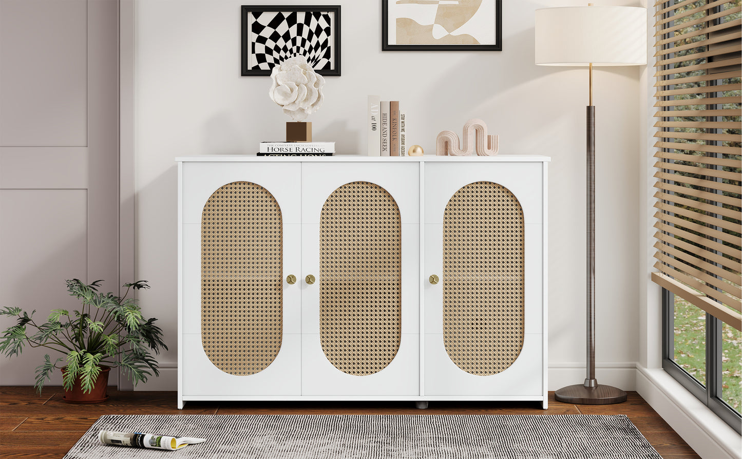 TREXM Retro 3-Door Sideboard with Large Storage Space Artificial Rattan Doors and Metal Handles, Accent Cabinet for Living Room and Hallway (White)