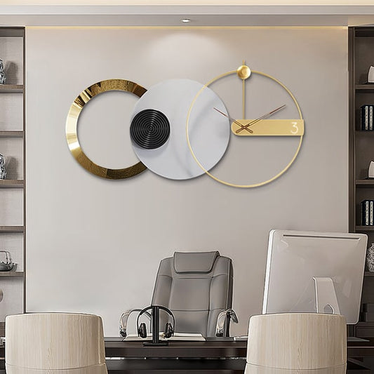 33" x 18" Large Round Gray & Gold Wall Clock with Wood Pointer Modern Home Decor Art