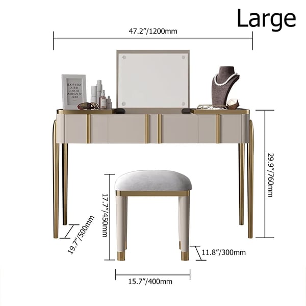 Champagne Makeup Vanity Mirror & Stool with Flip Top 2-Drawer Dressing Table