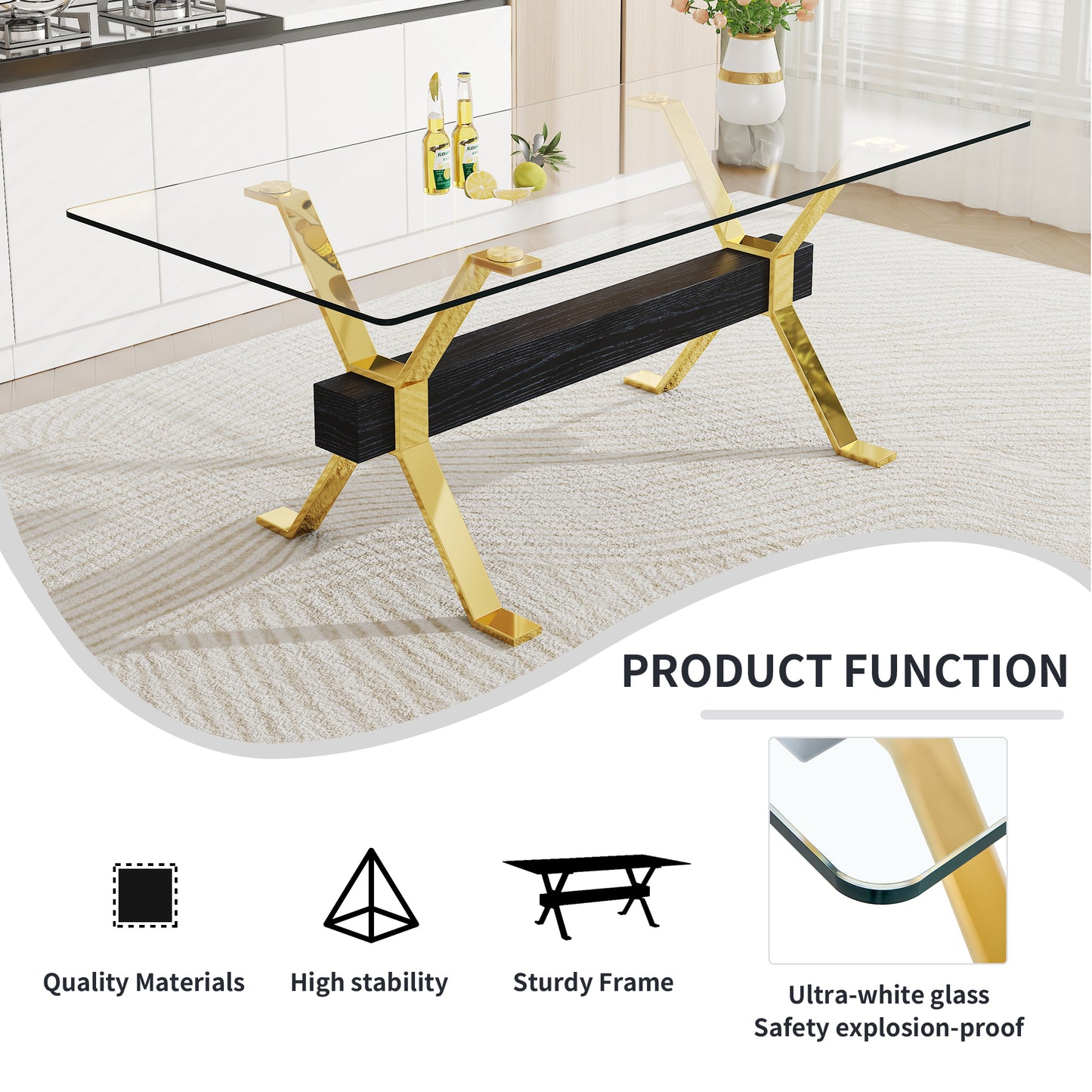 Dining table. Modern tempered glass dining table. Large modern office desk with gold metal legs and MDF crossbars, suitable for home and office use. Kitchen .71 ''x35.4''x30 '' 1105