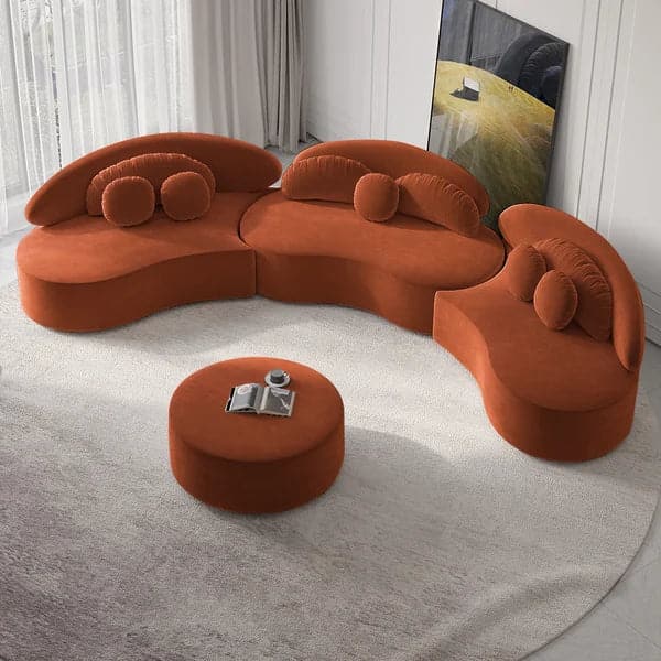 Modern 7-Seat Sofa Curved Sectional Modular Orange Velvet Upholstered with Ottoman