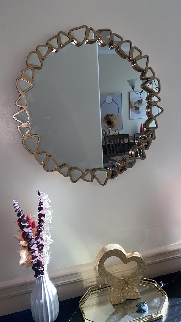 23.6" Modern Large Gold Round Pebble Wall Mirror Decor with Geometric Frame Living Room