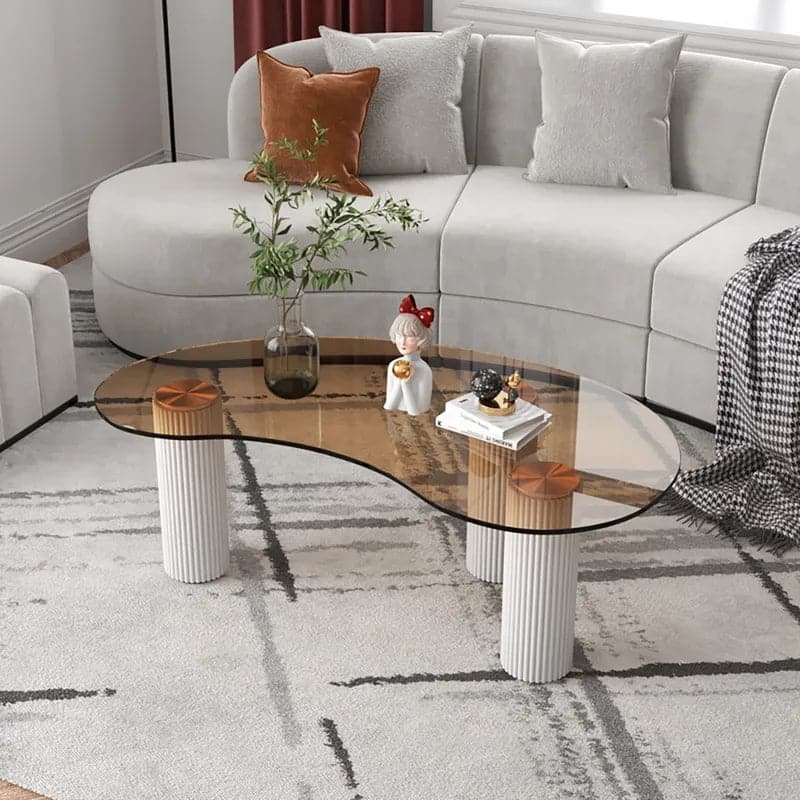 Table basse moderne avec verre trempé et pieds en bois massif